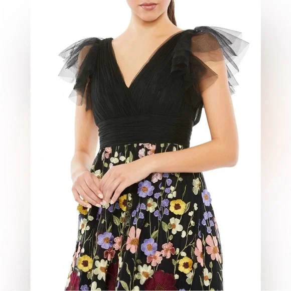 Mac Duggal 68204 Embroidered Ruched Flutter Sleeve A-Line Dress - Picture 2 of 6